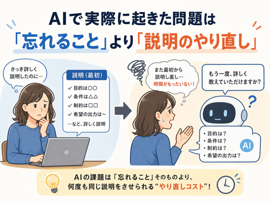 ブログの挿絵を作成して。タイトルは「AIで実際に起きた問題は「忘れること」より「説明のやり直し」